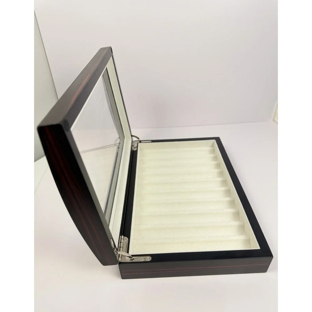 Wooden 12 Slot Fountain Pen Display Case Glass Top Cream Lined Collector Box